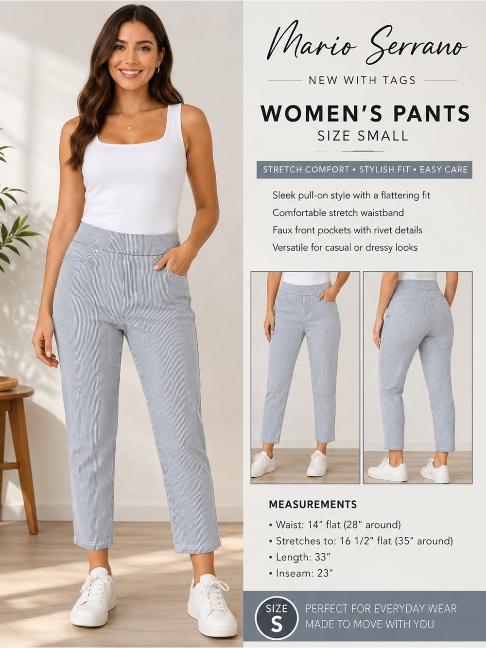 Mario Serrano Women’s Striped Pull On Pants Stretch Size Small Blue White